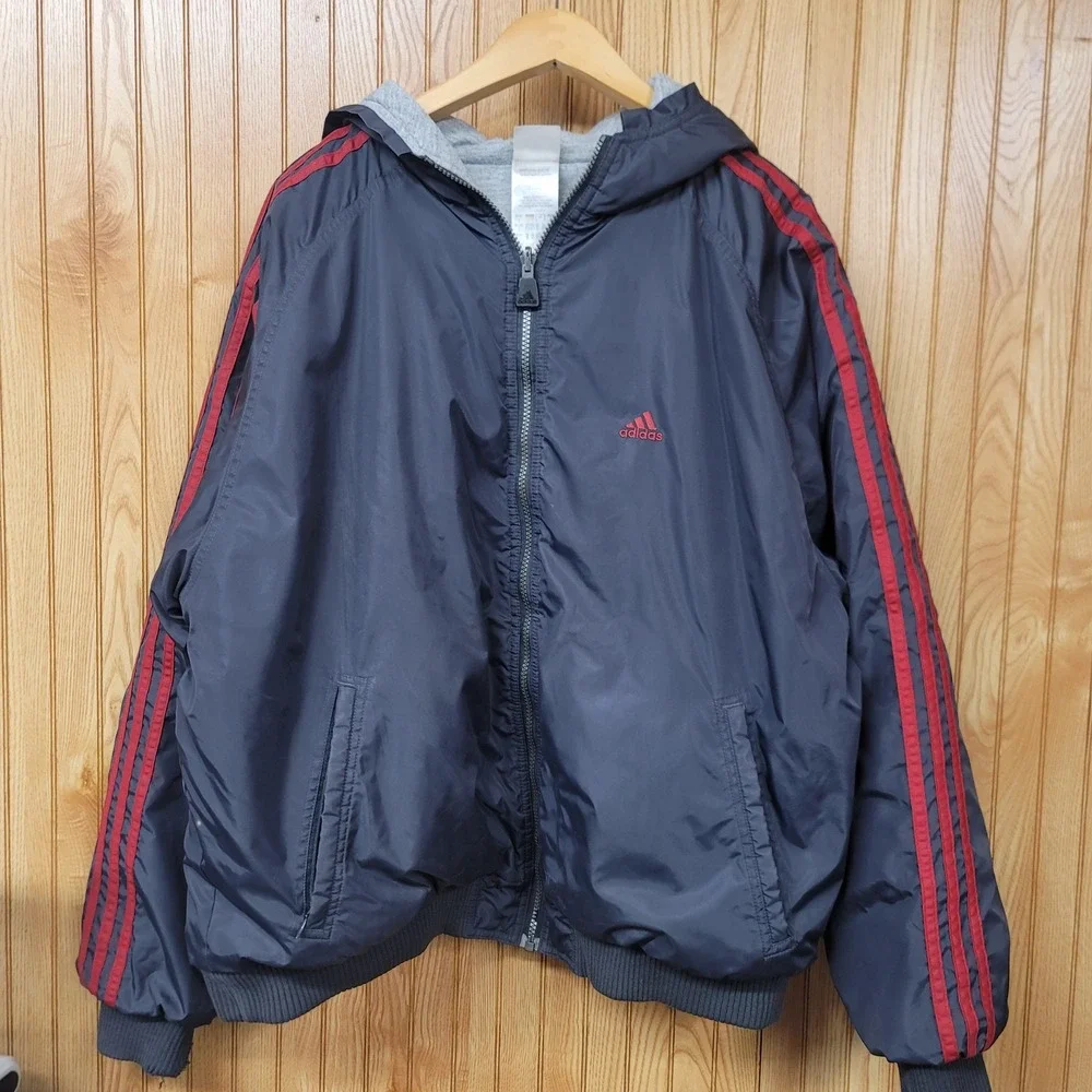 Vintage Y2K Adidas Mens Reversible Jacket Navy Blue Red Three Stripes Hood Sz L